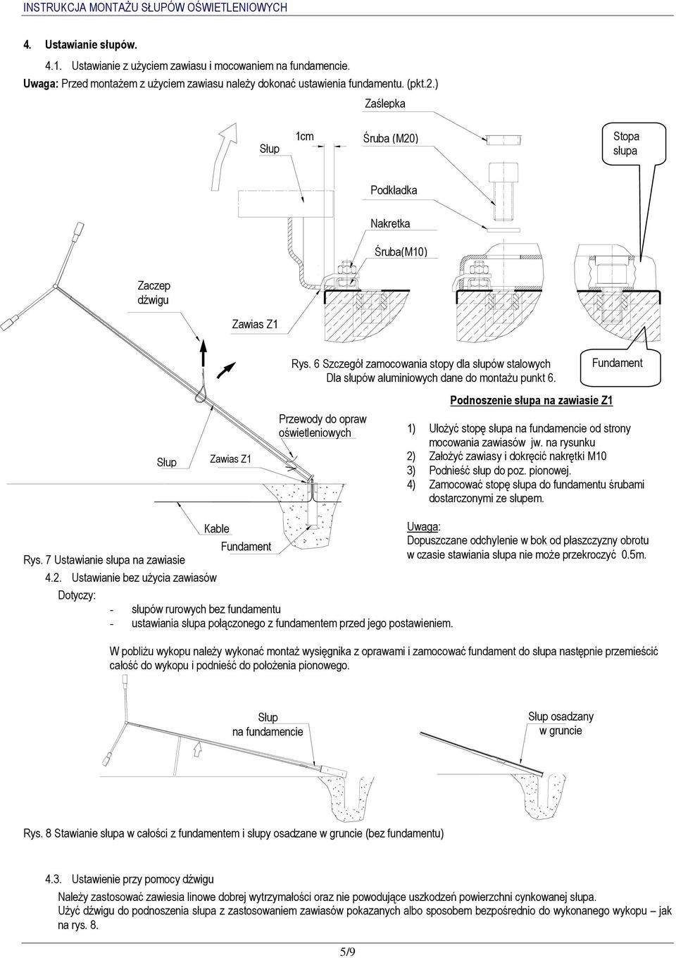 Fundament Podnoszenie słupa na zawiasie Z1 Zawias Z1 Przewody do opraw oświetleniowych 1) Ułożyć stopę słupa na fundamencie od strony mocowania zawiasów jw.