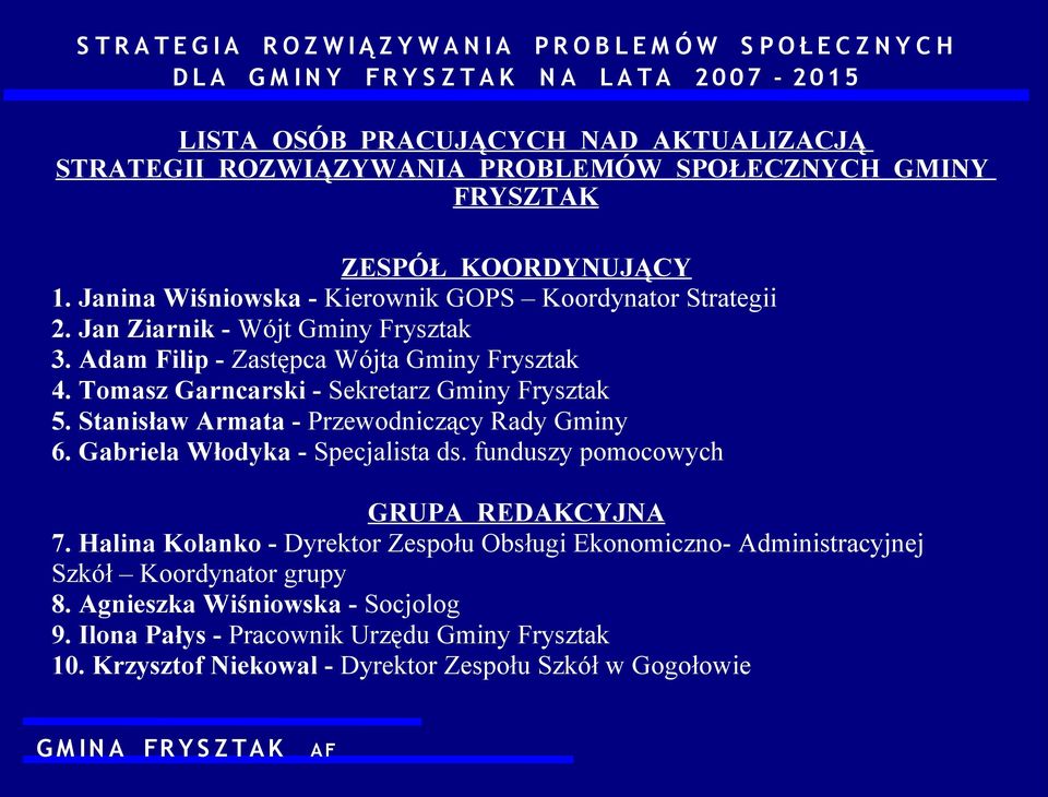 Tomasz Garncarski - Sekretarz Gminy Frysztak 5. Stanisław Armata - Przewodniczący Rady Gminy 6. Gabriela Włodyka - Specjalista ds. funduszy pomocowych GRUPA REDAKCYJNA 7.