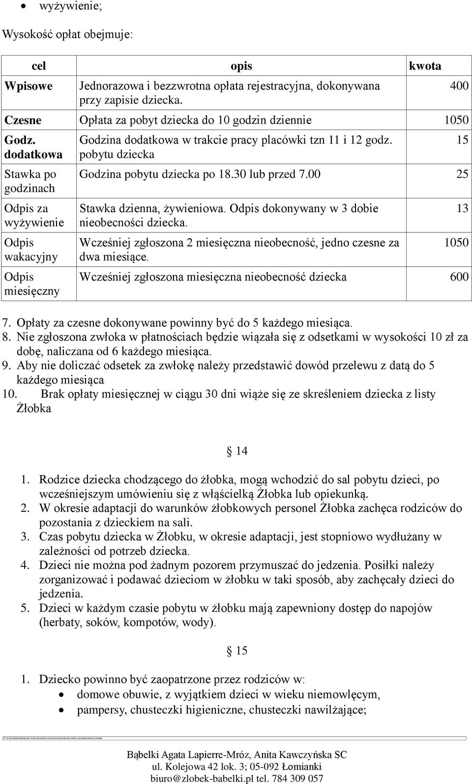 dodatkowa Stawka po godzinach Odpis za wyżywienie Odpis wakacyjny Odpis miesięczny Godzina dodatkowa w trakcie pracy placówki tzn 11 i 12 godz. pobytu dziecka Godzina pobytu dziecka po 18.