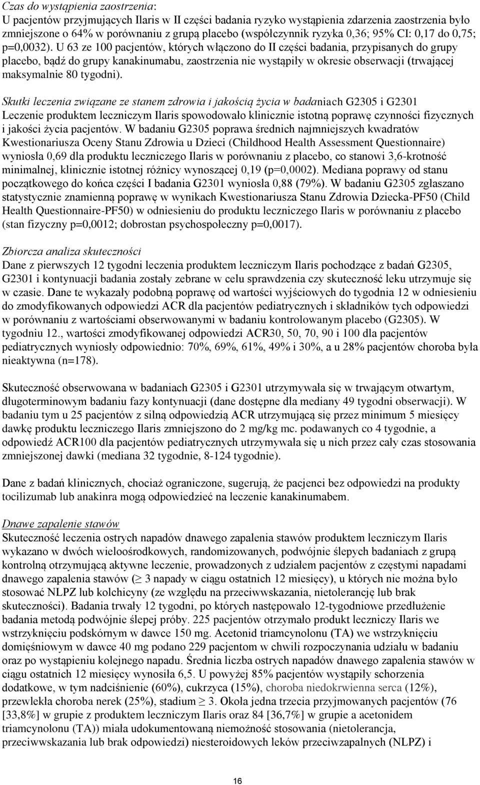 U 63 ze 100 pacjentów, których włączono do II części badania, przypisanych do grupy placebo, bądź do grupy kanakinumabu, zaostrzenia nie wystąpiły w okresie obserwacji (trwającej maksymalnie 80