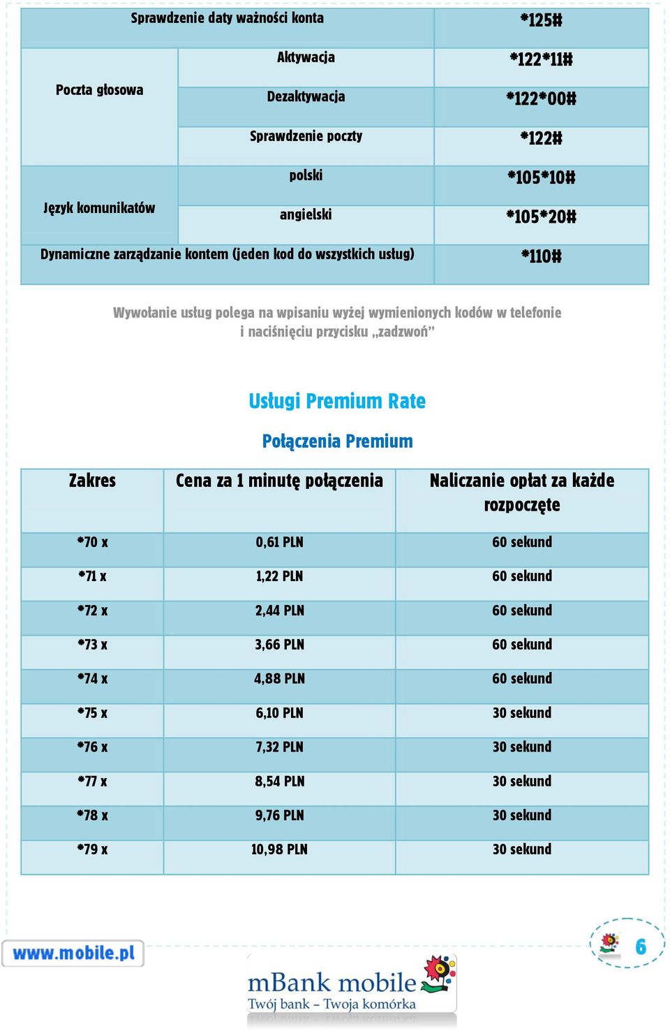 Usługi Premium Rate Połączenia Premium Zakres Cena za 1 minutę połączenia Naliczanie opłat za każde rozpoczęte *70 x 0,61 PLN 60 sekund *71 x 1,22 PLN 60 sekund *72 x 2,44 PLN
