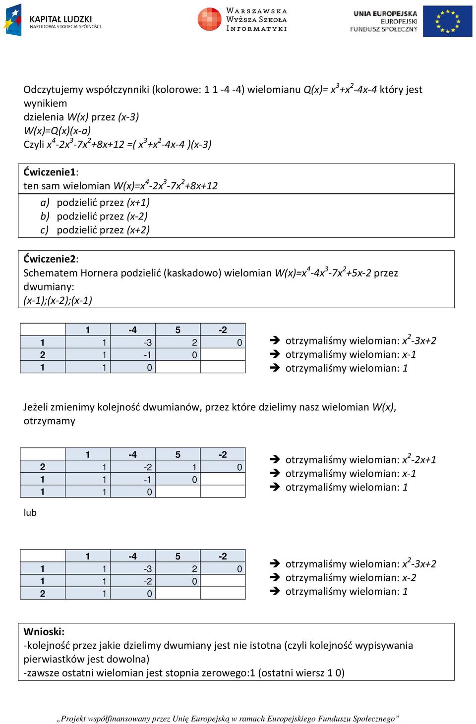 4-4x 3-7x 2 +5x-2 przez dwumiany: (x-1);(x-2);(x-1) 1-4 5-2 1 1-3 2 0 2 1-1 0 1 1 0 otrzymaliśmy wielomian: x 2-3x+2 otrzymaliśmy wielomian: x-1 otrzymaliśmy wielomian: 1 Jeżeli zmienimy kolejność