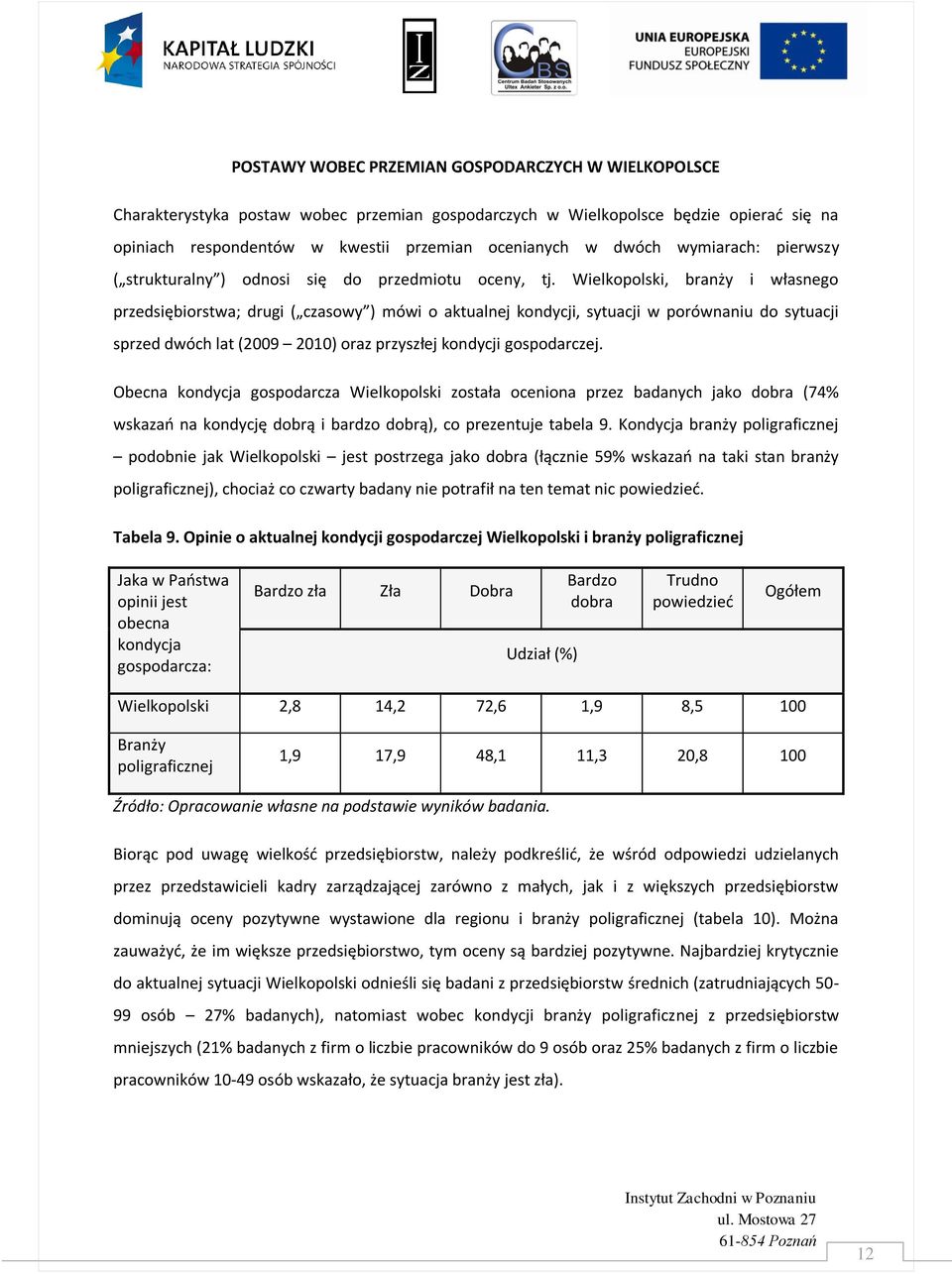 Wielkopolski, branży i własnego przedsiębiorstwa; drugi ( czasowy ) mówi o aktualnej kondycji, sytuacji w porównaniu do sytuacji sprzed dwóch lat (2009 2010) oraz przyszłej kondycji gospodarczej.