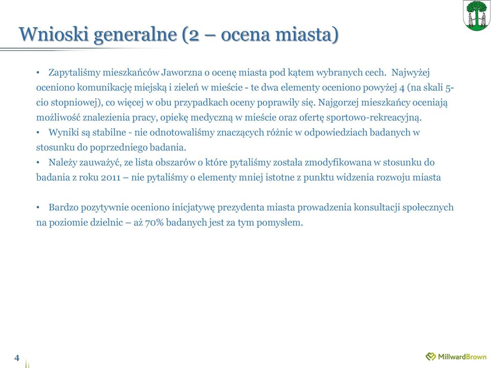 Najgorzej mieszkańcy oceniają możliwość znalezienia pracy, opiekę medyczną w mieście oraz ofertę sportowo-rekreacyjną.