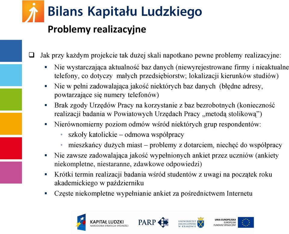 korzystanie z baz bezrobotnych (konieczność realizacji badania w Powiatowych Urzędach Pracy metodą stolikową ) Nierównomierny poziom odmów wśród niektórych grup respondentów: szkoły katolickie odmowa