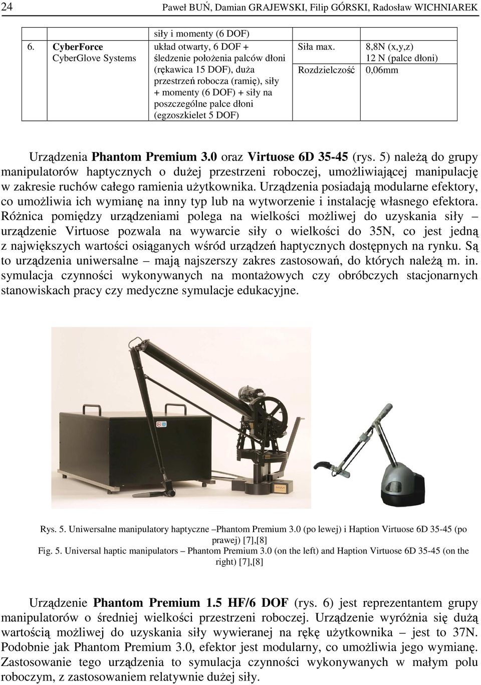 poszczególne palce dłoni (egzoszkielet 5 DOF) Siła max. Rozdzielczość 8,8N (x,y,z) 12 N (palce dłoni) 0,06mm Urządzenia Phantom Premium 3.0 oraz Virtuose 6D 35-45 (rys.