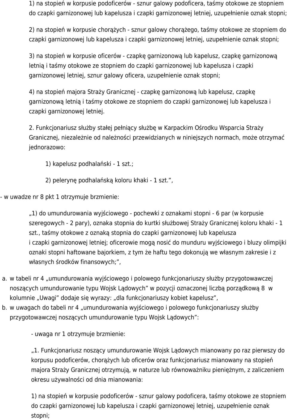 oficerów - czapkę garnizonową lub kapelusz, czapkę garnizonową letnią i taśmy otokowe ze stopniem do czapki garnizonowej lub kapelusza i czapki garnizonowej letniej, sznur galowy oficera,