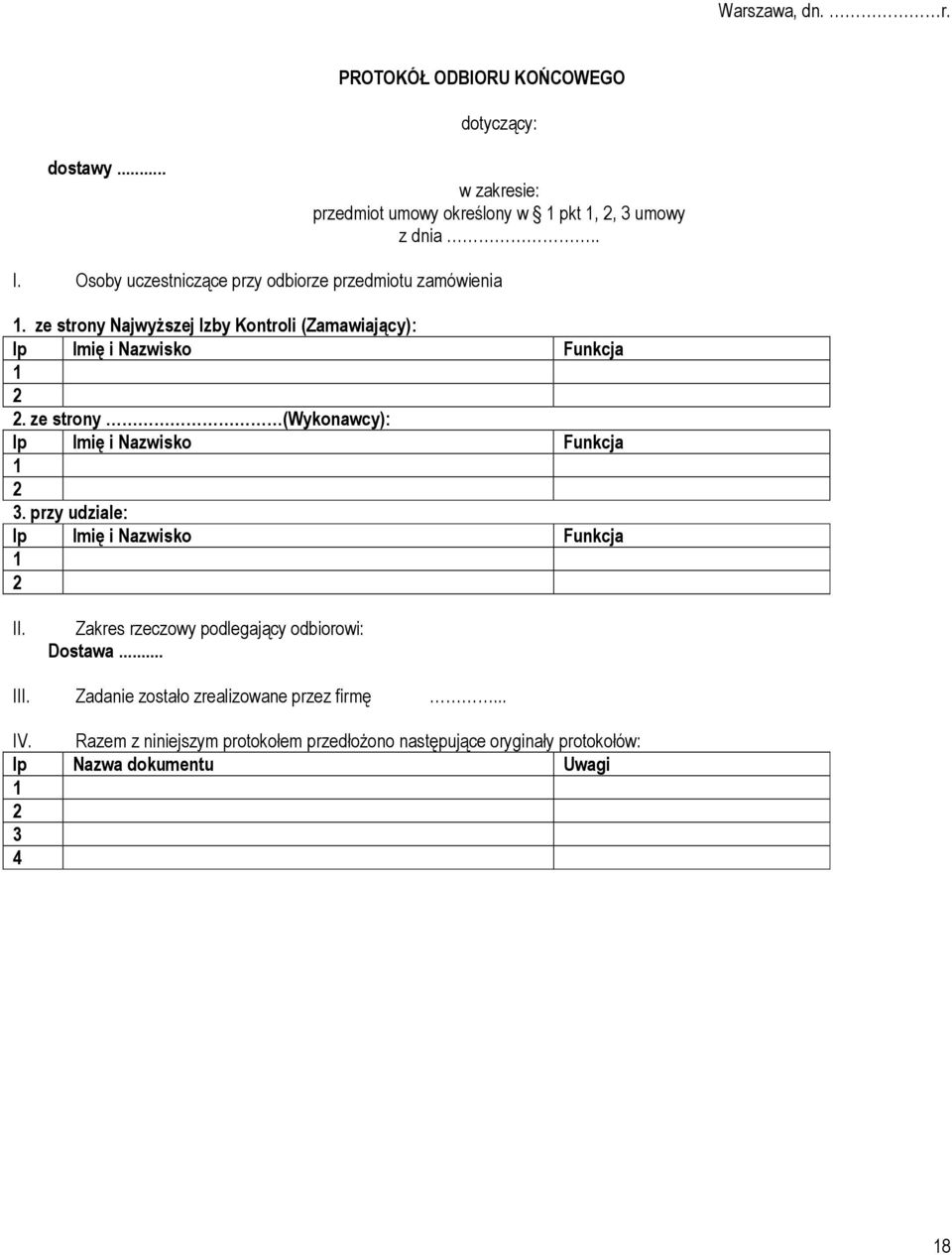 ze strony (Wykonawcy): lp Imię i Nazwisko Funkcja 1 2 3. przy udziale: lp Imię i Nazwisko Funkcja 1 2 II.