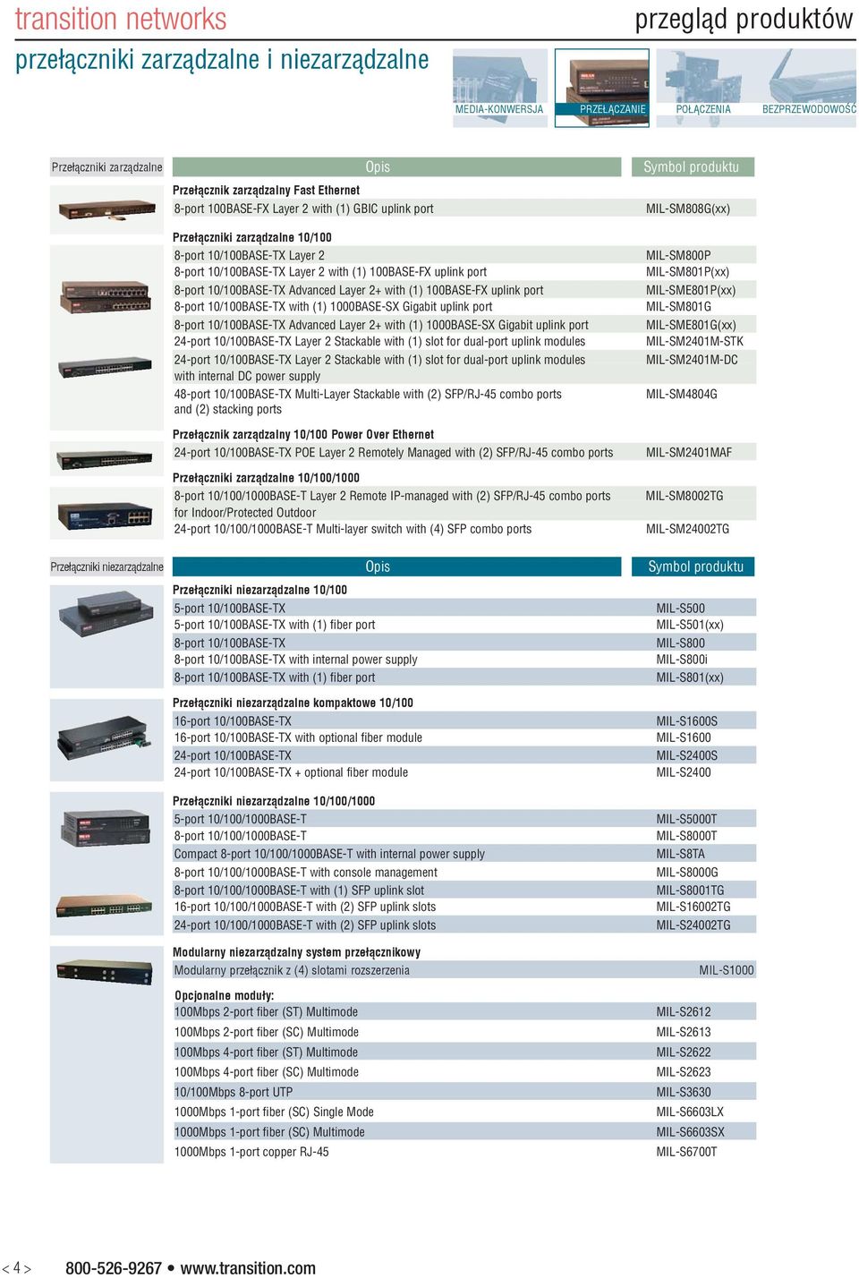 1000BASE-SX Gigabit uplink port 8-port 10/100BASE-TX Advanced Layer 2+ with (1) 1000BASE-SX Gigabit uplink port 24-port 10/100BASE-TX Layer 2 Stackable with (1) slot for dual-port uplink modules