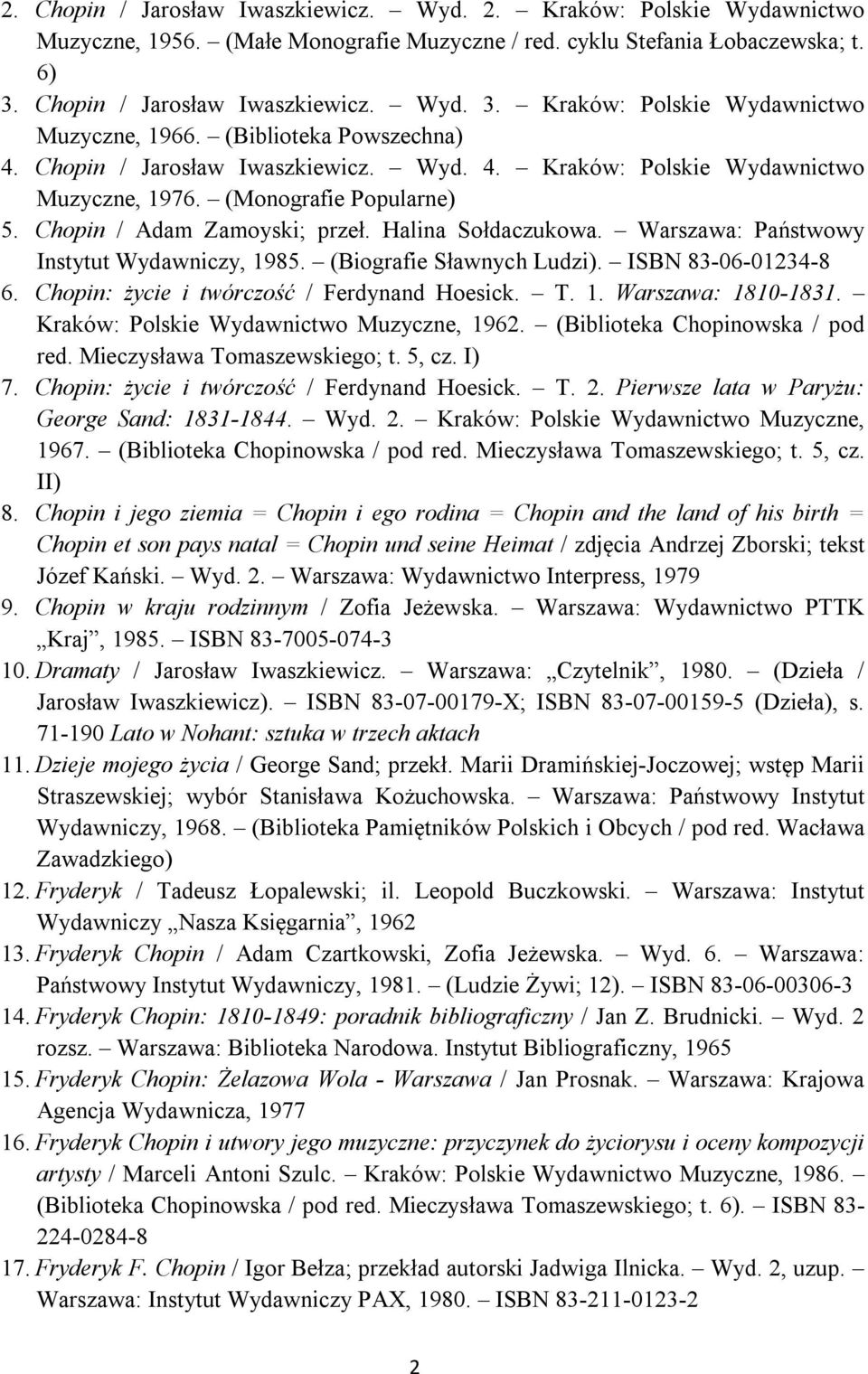 Warszawa: Państwowy Instytut Wydawniczy, 1985. (Biografie Sławnych Ludzi). ISBN 83-06-01234-8 6. Chopin: życie i twórczość / Ferdynand Hoesick. T. 1. Warszawa: 1810-1831.