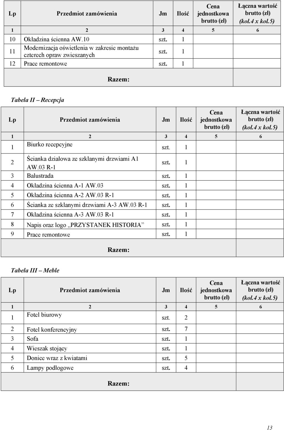 1 Razem: Tabela II Recepcja Lp Przedmiot zamówienia Jm Ilość Cena jednostkowa brutto (zł) Łączna wartość brutto (zł) (kol.4 x kol.5) 1 2 3 4 5 6 1 Biurko recepcyjne szt.