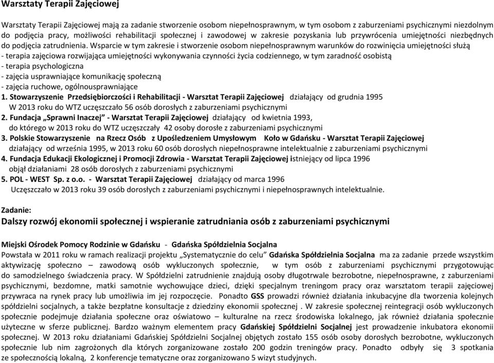 Wsparcie w tym zakresie i stworzenie osobom niepełnosprawnym warunków do rozwinięcia umiejętności służą - terapia zajęciowa rozwijająca umiejętności wykonywania czynności życia codziennego, w tym