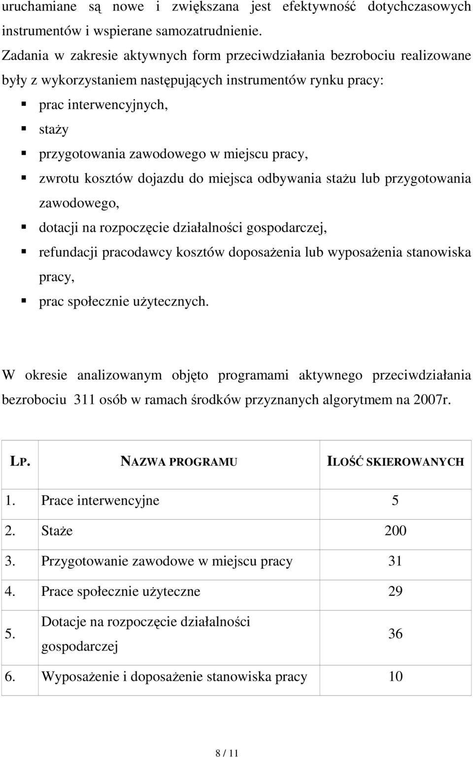 pracy, zwrotu kosztów dojazdu do miejsca odbywania staŝu lub przygotowania zawodowego, dotacji na rozpoczęcie działalności gospodarczej, refundacji pracodawcy kosztów doposaŝenia lub wyposaŝenia