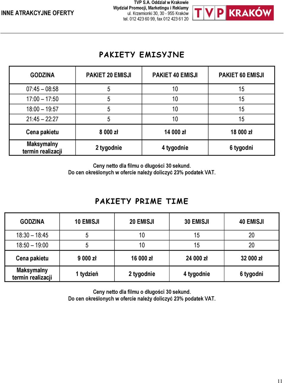 Cena pakietu 8 000 zł 14 000 zł 18 000 zł Maksymalny termin realizacji 2 tygodnie 4 tygodnie 6 tygodni Ceny netto dla filmu o długości 0 sekund.