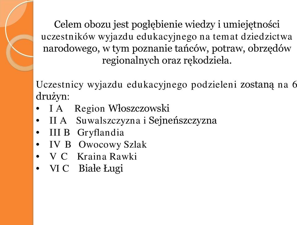 Uczestnicy wyjazdu edukacyjnego podzieleni zostaną na 6 drużyn: I A Region Włoszczowski II A