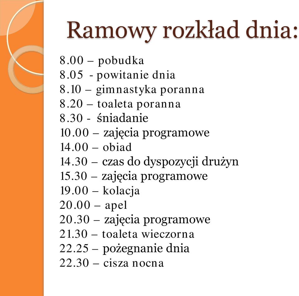 30 czas do dyspozycji drużyn 15.30 zajęcia programowe 19.00 kolacja 20.00 apel 20.