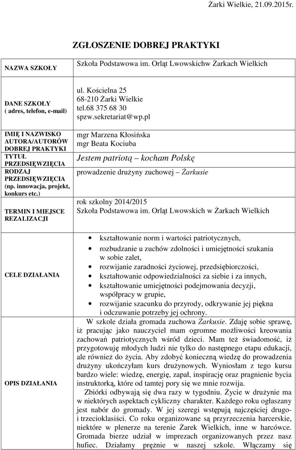 innowacja, projekt, konkurs etc.) TERMIN I MIEJSCE REZALIZACJI CELE DZIAŁANIA OPIS DZIAŁANIA ul. Kościelna 25 68-210 Żarki Wielkie tel.68 375 68 30 spzw.sekretariat@wp.