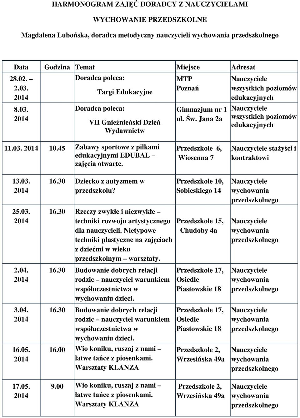 Przedszkole 6, Wiosenna 7 staŝyści i kontraktowi 13.03. 25.03. 2.04. 3.04. 16.05. 16.30 Dziecko z autyzmem w przedszkolu? 16.30 Rzeczy zwykłe i niezwykłe techniki rozwoju artystycznego dla nauczycieli.