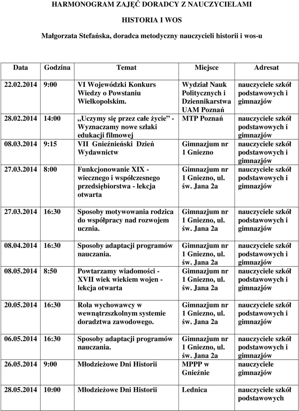 08.04. 16:30 Sposoby adaptacji programów nauczania. 08.05. 8:50 Powtarzamy wiadomości - XVII wiek wiekiem wojen - lekcja otwarta 20.05. 16:30 Rola wychowawcy w wewnątrzszkolnym systemie doradztwa zawodowego.