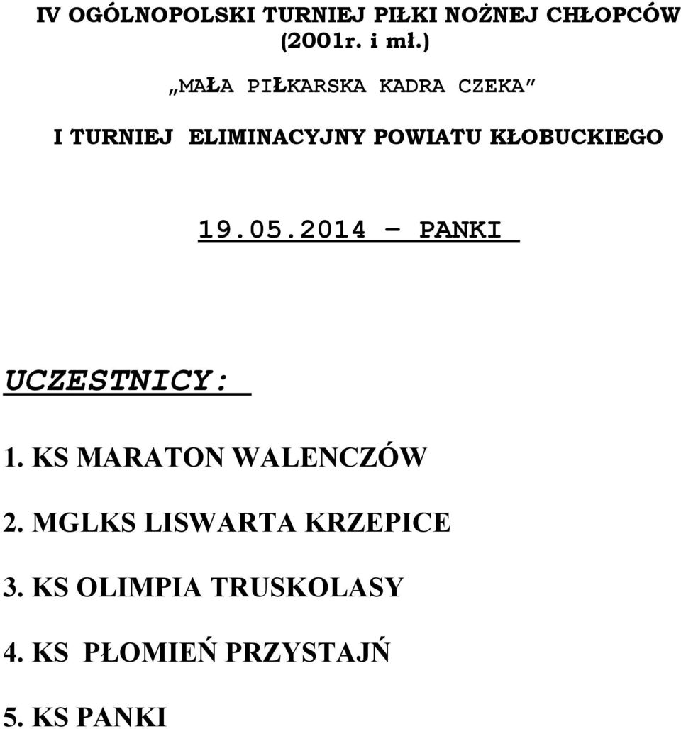 2014 PANKI UCZESTNICY: 1. KS MARATON WALENCZÓW 2.