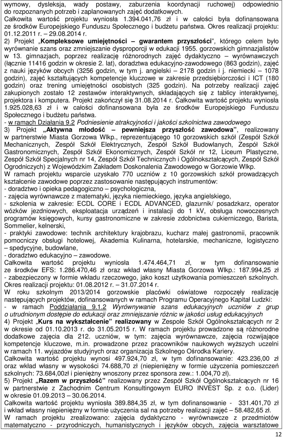 2) Projekt Kompleksowe umiejętności gwarantem przyszłości, którego celem było wyrównanie szans oraz zmniejszanie dysproporcji w edukacji 1955. gorzowskich gimnazjalistów w 13.