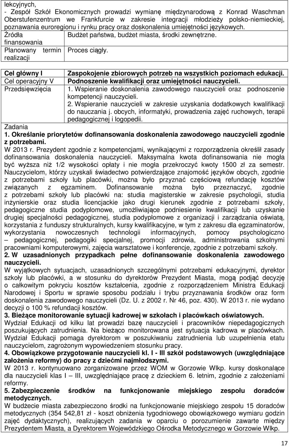 realizacji Cel główny I Cel operacyjny V Przedsięwzięcia Zaspokojenie zbiorowych potrzeb na wszystkich poziomach edukacji. Podnoszenie kwalifikacji oraz umiejętności nauczycieli. 1.