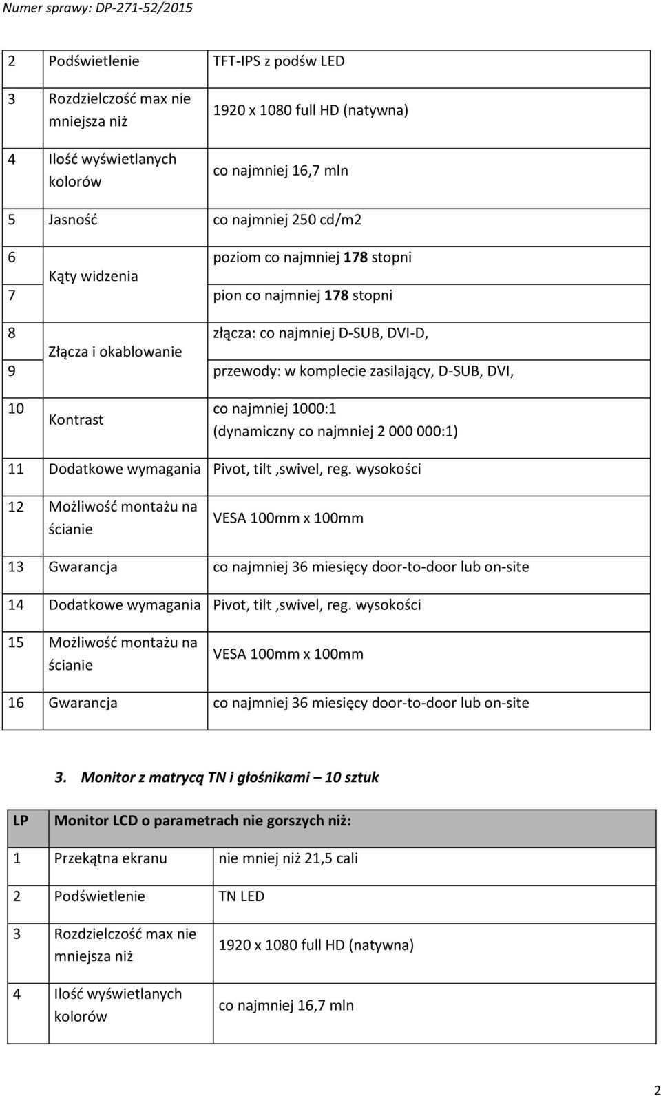 (dynamiczny co najmniej 2 000 000:1) 11 Dodatkowe wymagania Pivot, tilt,swivel, reg.