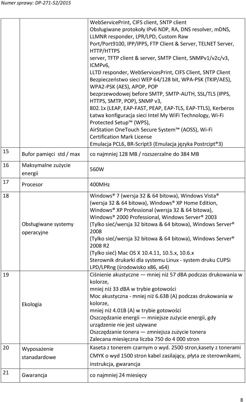 Client, SNMPv1/v2c/v3, ICMPv6, LLTD responder, WebServicesPrint, CIFS Client, SNTP Client Bezpieczeństwo sieci WEP 64/128 bit, WPA-PSK (TKIP/AES), WPA2-PSK (AES), APOP, POP bezprzewodowej before