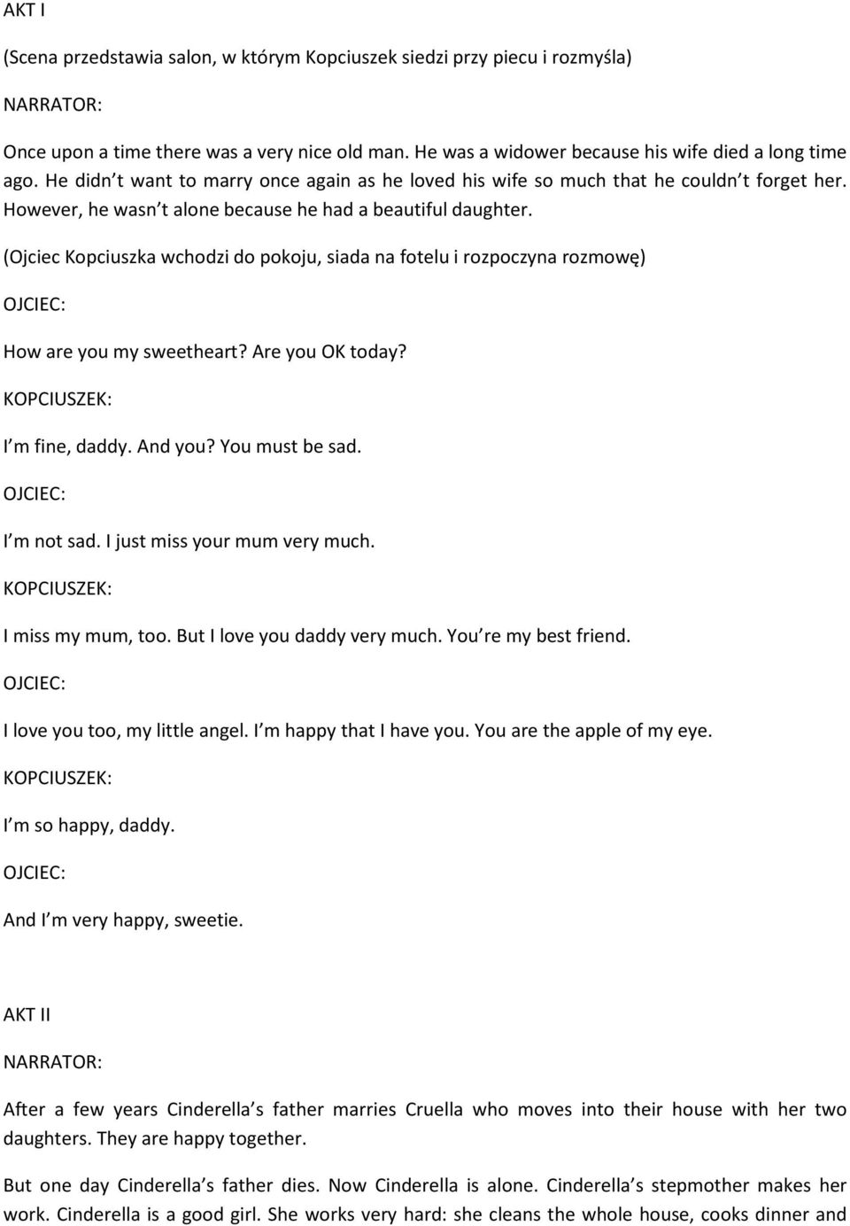 (Ojciec Kopciuszka wchodzi do pokoju, siada na fotelu i rozpoczyna rozmowę) OJCIEC: How are you my sweetheart? Are you OK today? KOPCIUSZEK: I m fine, daddy. And you? You must be sad.