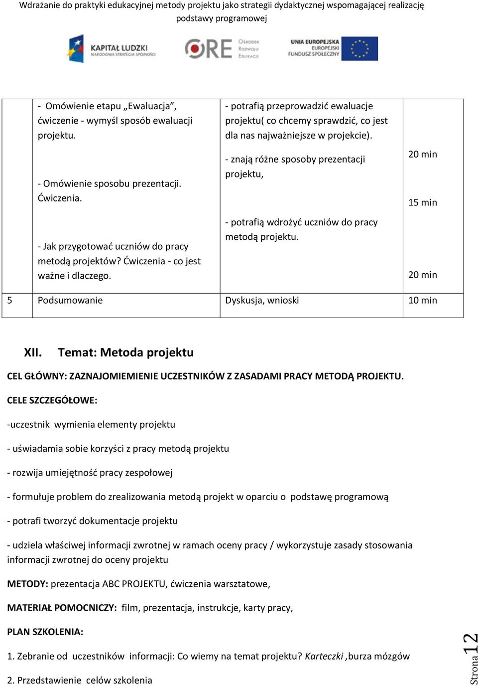 - znają różne sposoby prezentacji projektu, - potrafią wdrożyd uczniów do pracy metodą projektu. 20 min 15 min 20 min 5 Podsumowanie Dyskusja, wnioski 10 min XII.