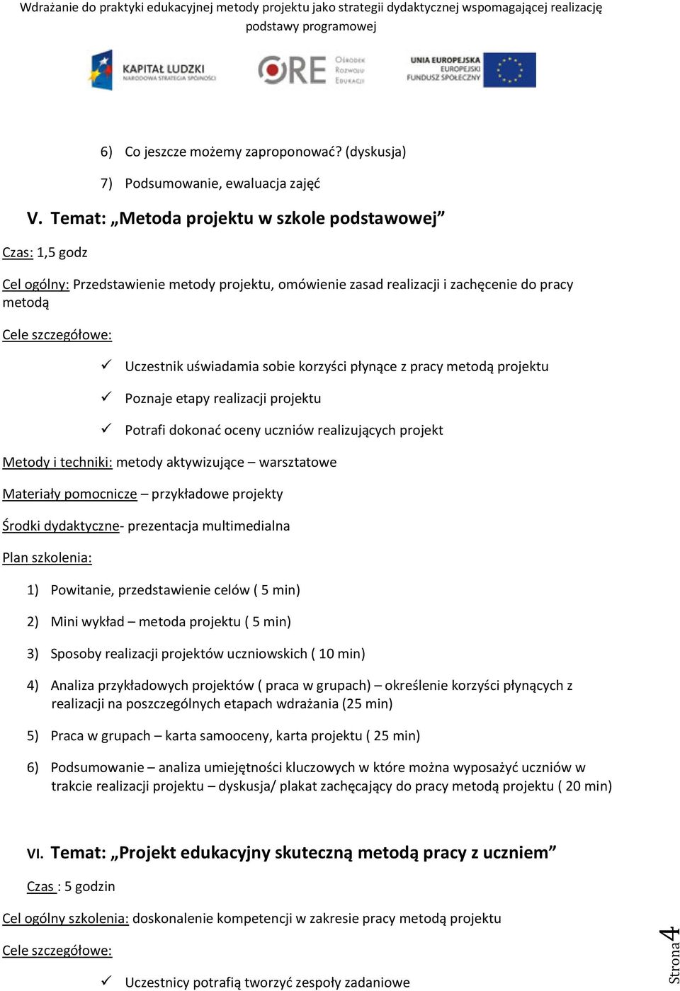 sobie korzyści płynące z pracy metodą projektu Poznaje etapy realizacji projektu Potrafi dokonad oceny uczniów realizujących projekt Metody i techniki: metody aktywizujące warsztatowe Materiały