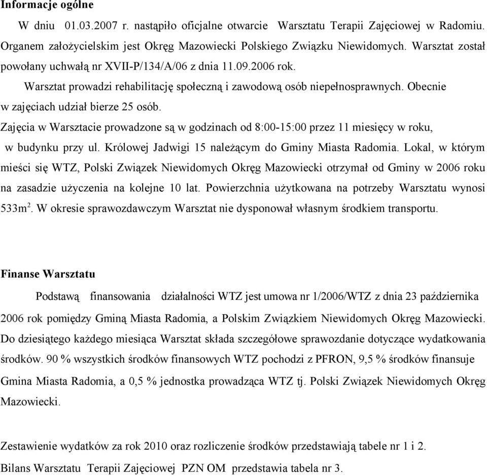 Zajęcia w Warsztacie prowadzone są w godzinach od 8:00-15:00 przez 11 miesięcy w roku, w budynku przy ul. Królowej Jadwigi 15 należącym do Gminy Miasta Radomia.