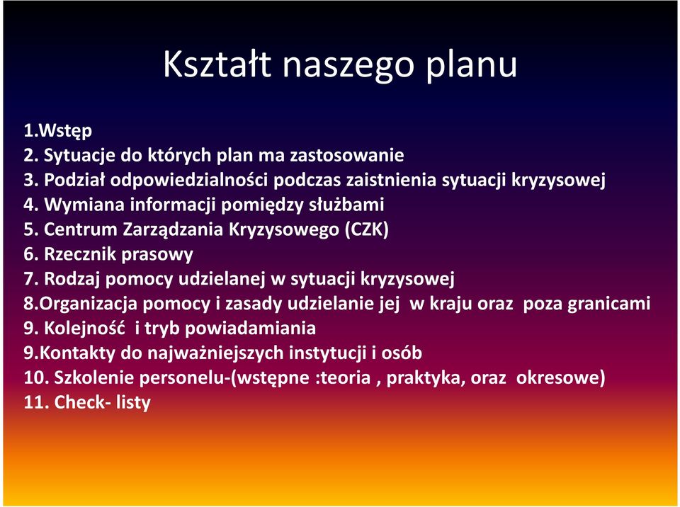 Centrum Zarządzania Kryzysowego (CZK) 6. Rzecznik prasowy 7. Rodzaj pomocy udzielanej w sytuacji kryzysowej 8.