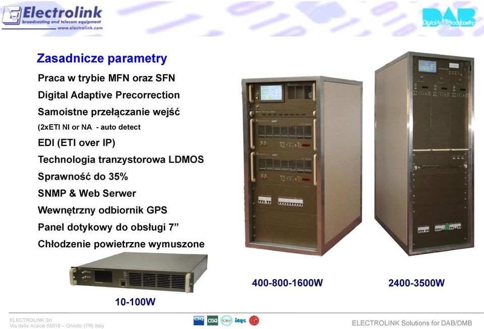 Technologia tranzystorowa LDMOS Sprawność do 35% SNMP & Web Serwer Wewnętrzny