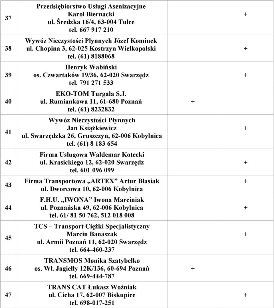 (61) 8232832 Wywóz Nieczystości Płynnych Jan Książkiewicz ul. Swarzędzka 26, Gruszczyn, 62-006 Kobylnica tel. (61) 8 183 654 Firma Usługowa Waldemar Kotecki ul. Krasickiego 12, 62-020 Swarzędz tel.