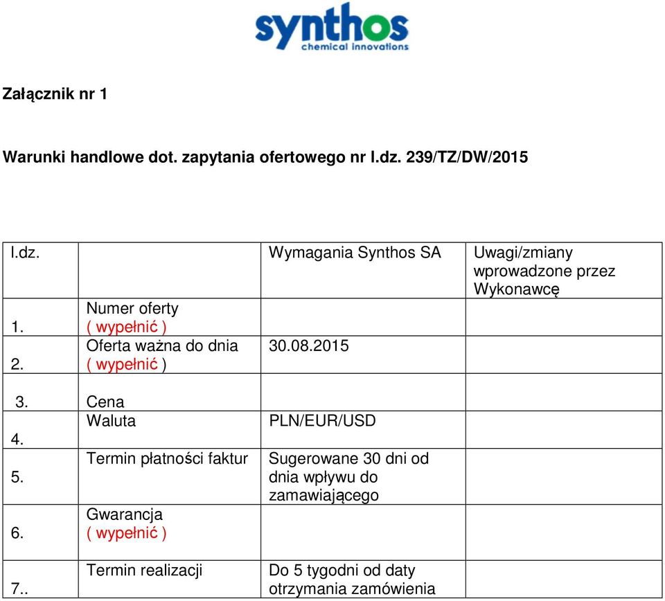 ( wypełnić ) Oferta ważna do dnia 30.08.2015 2. ( wypełnić ) 3. Cena Waluta 4. Termin płatności faktur 5.