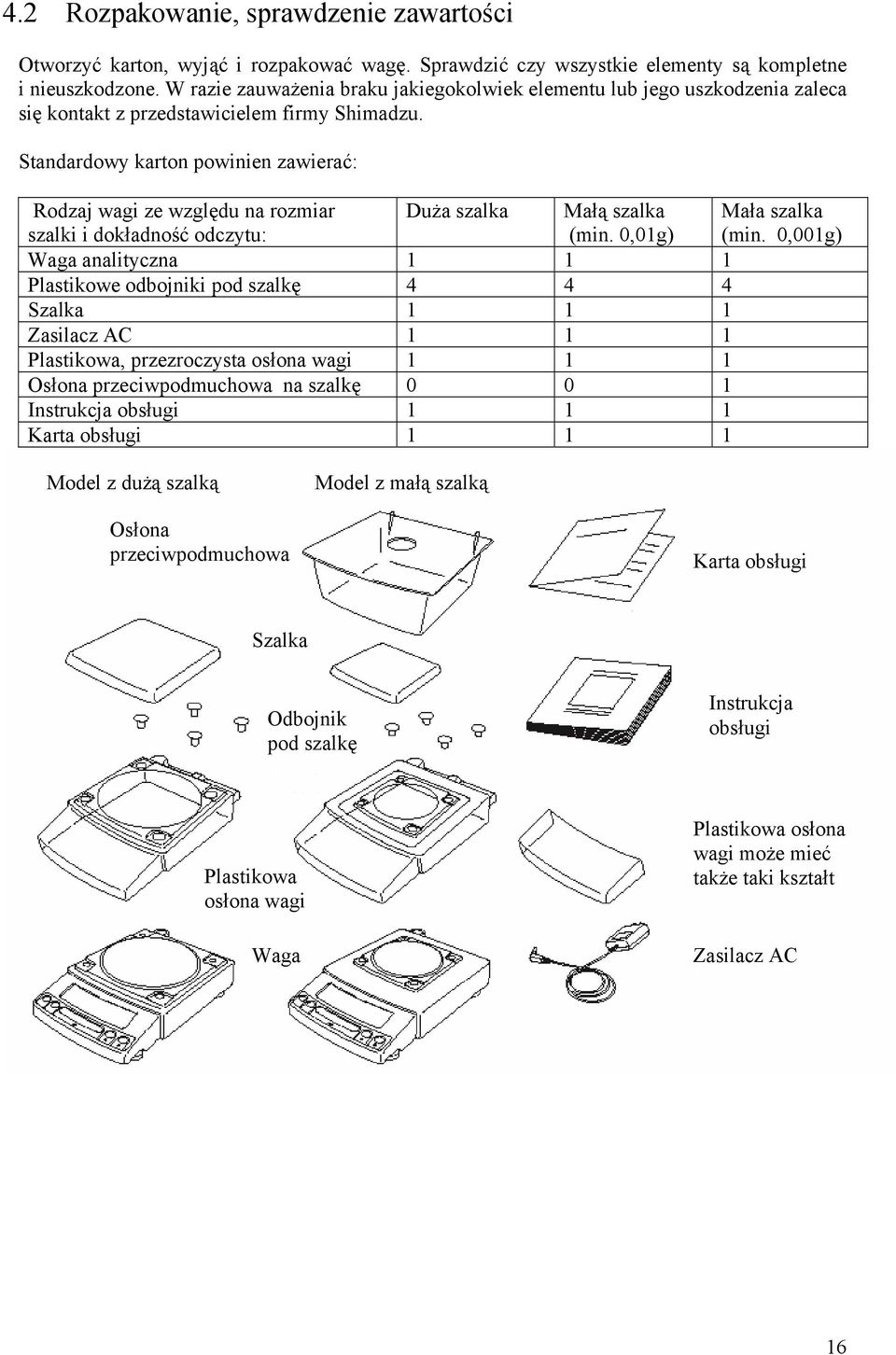 Standardowy karton powinien zawierać: Rodzaj wagi ze względu na rozmiar szalki i dokładność odczytu: Duża szalka Małą szalka (min. 0,01g) Mała szalka (min.