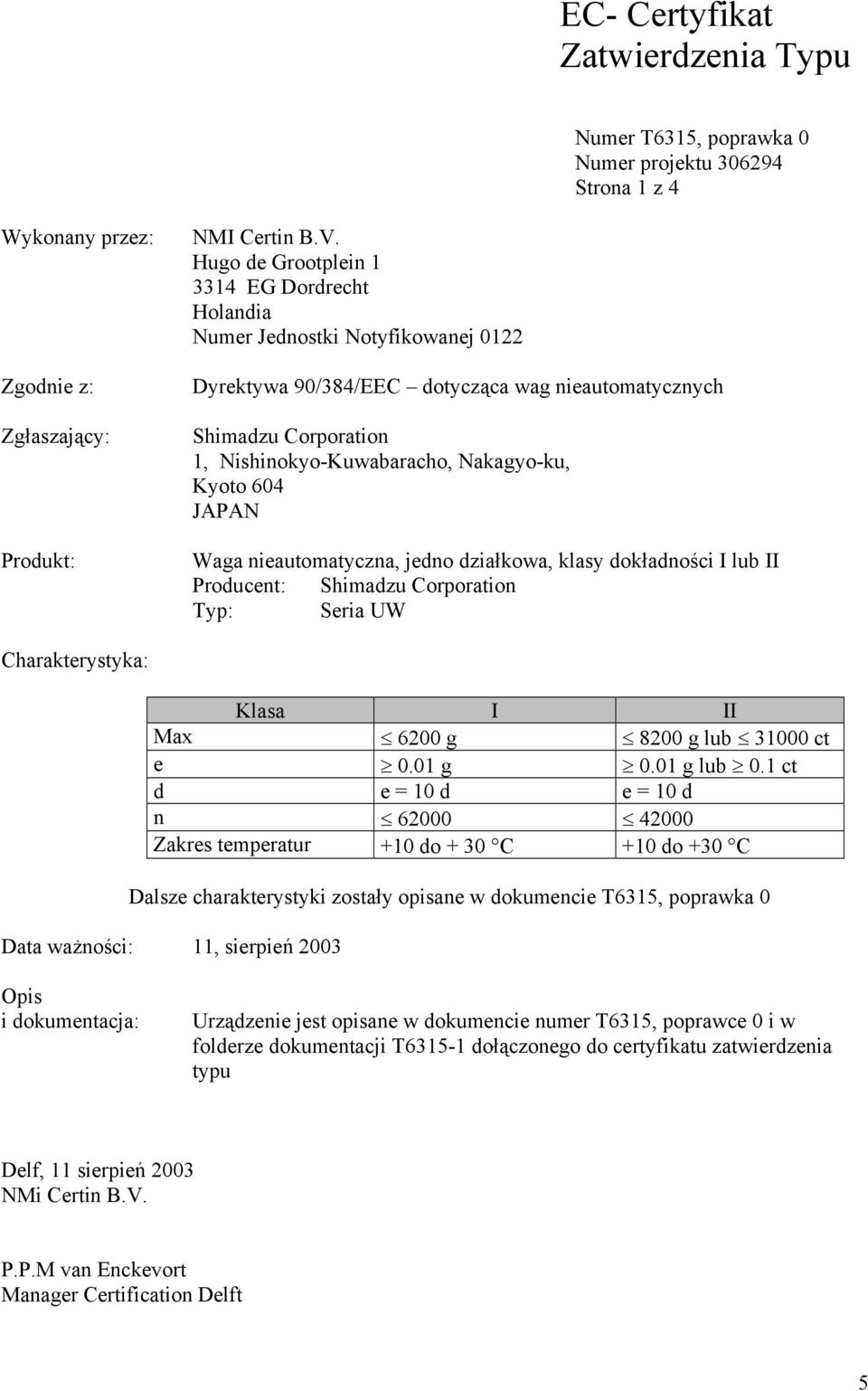 Kyoto 604 JAPAN Waga nieautomatyczna, jedno działkowa, klasy dokładności I lub II Producent: Shimadzu Corporation Typ: Seria UW Charakterystyka: Klasa I II Max 6200 g 8200 g lub 31000 ct e 0.01 g 0.