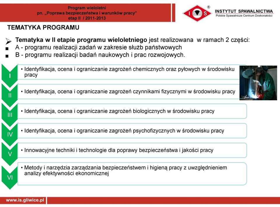 I Identyfikacja, ocena i ograniczanie zagrożeń chemicznych oraz pyłowych w środowisku pracy II III IV V VI Identyfikacja, ocena i ograniczanie zagrożeń czynnikami fizycznymi w środowisku