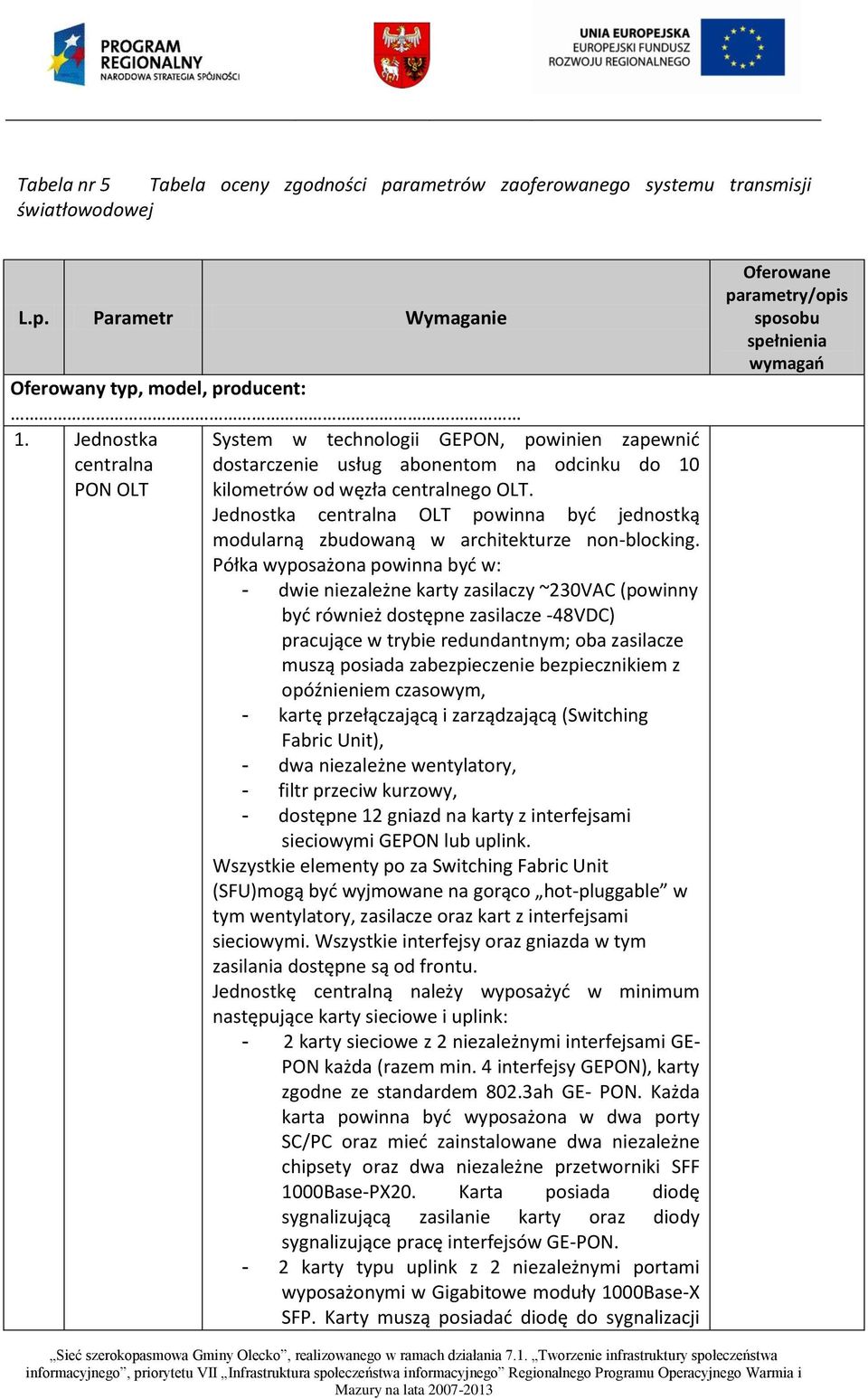 Jednostka centralna OLT powinna być jednostką modularną zbudowaną w architekturze non-blocking.