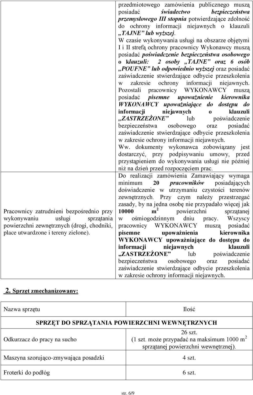 W czasie wykonywania usługi na obszarze objętymi I i II strefą ochrony pracownicy Wykonawcy muszą posiadać poświadczenie bezpieczeństwa osobowego o klauzuli: 2 osoby TAJNE oraz 6 osób POUFNE lub