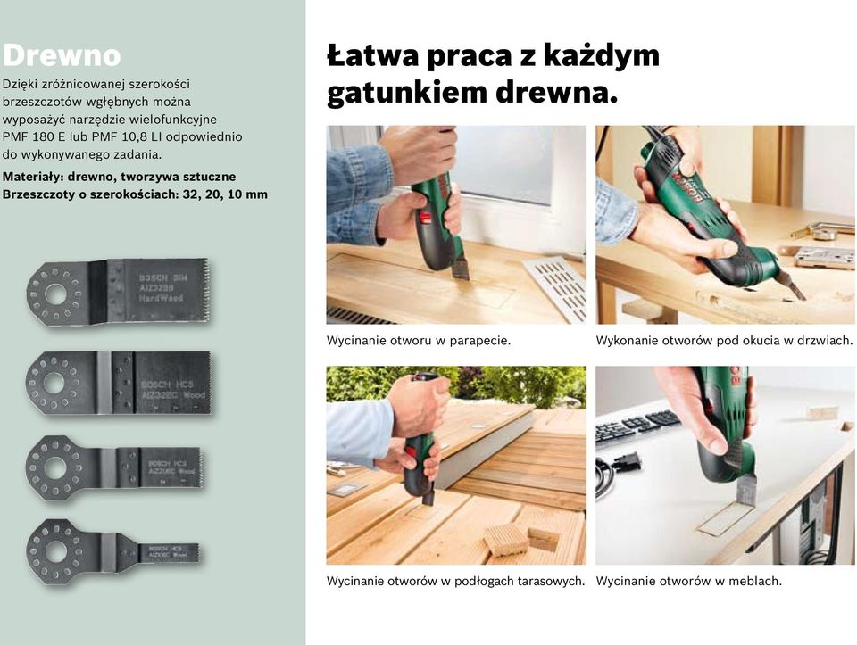 Materiały: drewno, tworzywa sztuczne Brzeszczoty o szerokościach: 32, 20, 10 mm Łatwa praca z każdym