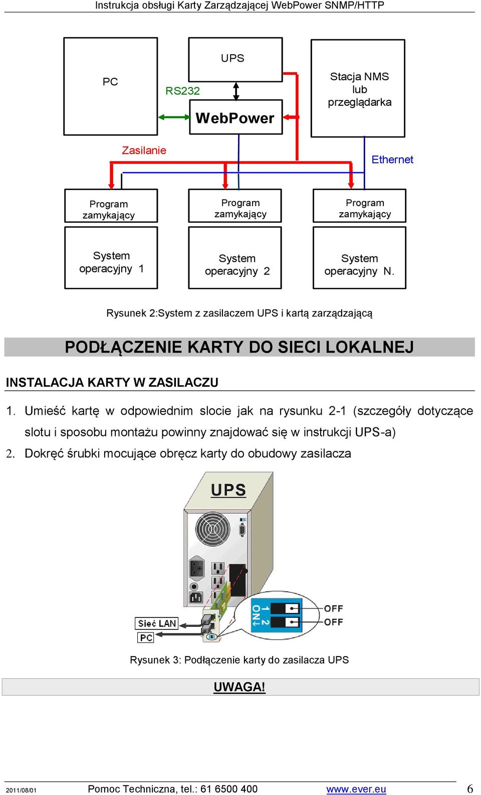 Umieść kartę w odpowiednim slocie jak na rysunku 2-1 (szczegóły dotyczące slotu i sposobu montażu powinny znajdować się w instrukcji UPS-a) 2.