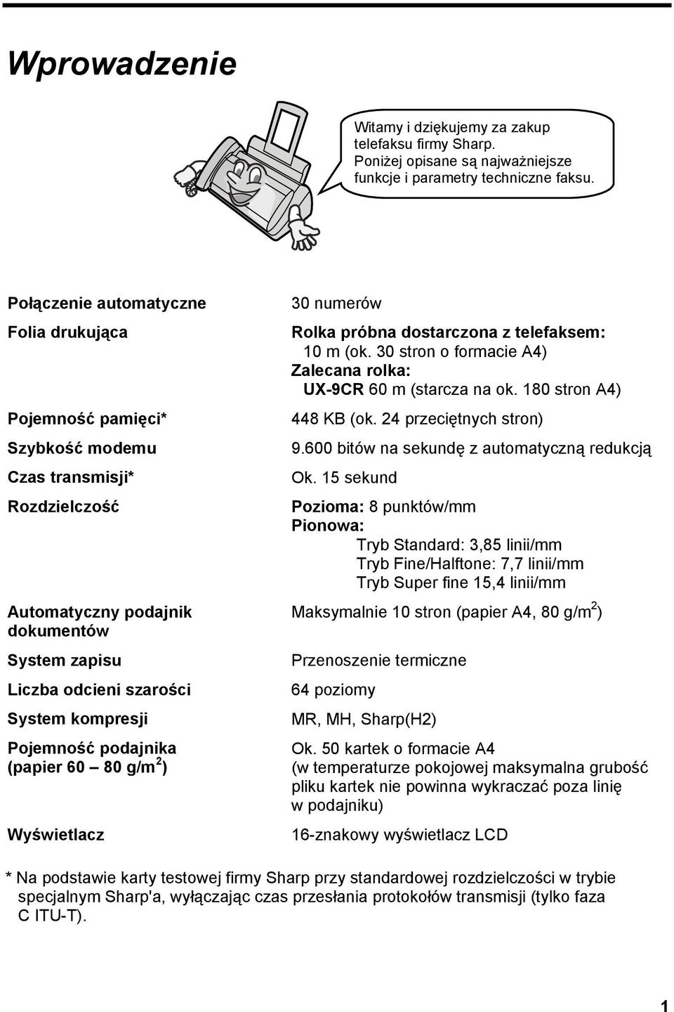 Pojemność podajnika (papier 60 80 g/m 2 ) Wyświetlacz 30 numerów Rolka próbna dostarczona z telefaksem: 0 m (ok. 30 stron o formacie A4) Zalecana rolka: UX-9CR 60 m (starcza na ok.