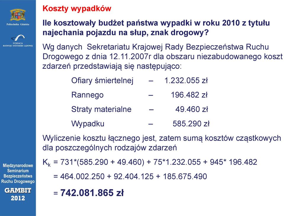 2007r dla obszaru niezabudowanego koszt zdarzeń przedstawiają się następująco: Ofiary śmiertelnej 1.232.055 zł Rannego 196.