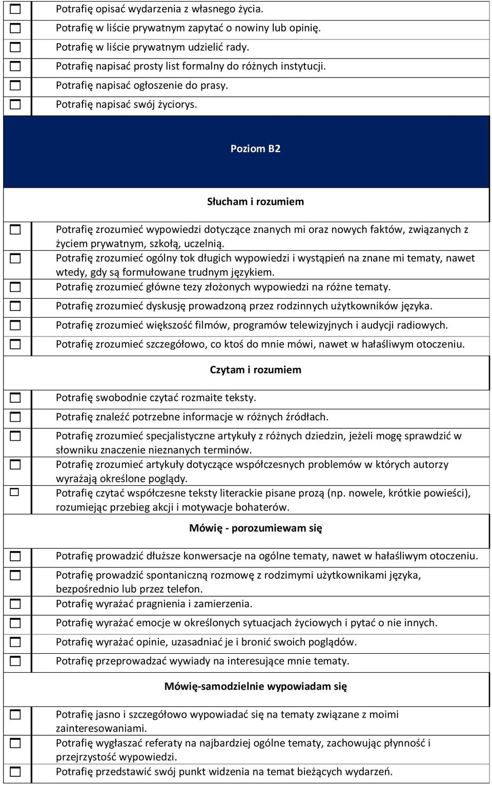 Poziom B2 1 Potrafię zrozumieć wypowiedzi dotyczące znanych mi oraz nowych faktów, związanych z życiem prywatnym, szkołą, uczelnią.