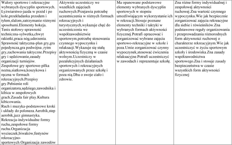 przepisy gry i sędziowanie,zasady organizacji turniejów. Zespołowe gry sportowe-piłka nożna,siatkowa,koszykowa i ręczna w formach rekreacyjnych.przepisy gry.pełnienie roli organizatora,sędziego,zawodnika i kibica w zespołowych grach.