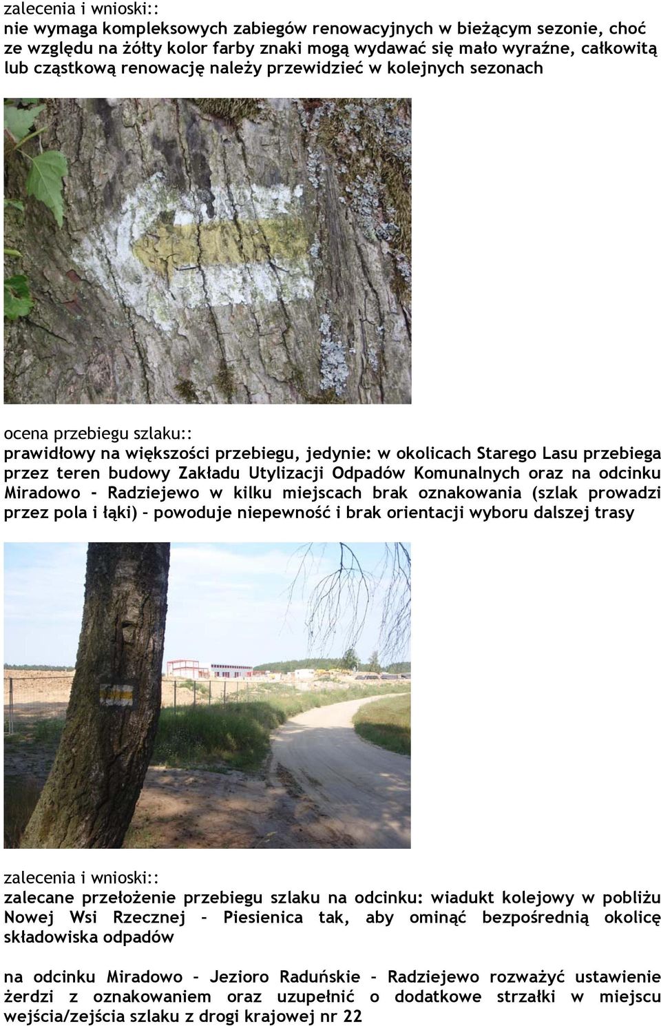 Komunalnych oraz na odcinku Miradowo - Radziejewo w kilku miejscach brak oznakowania (szlak prowadzi przez pola i łąki) powoduje niepewność i brak orientacji wyboru dalszej trasy zalecenia i