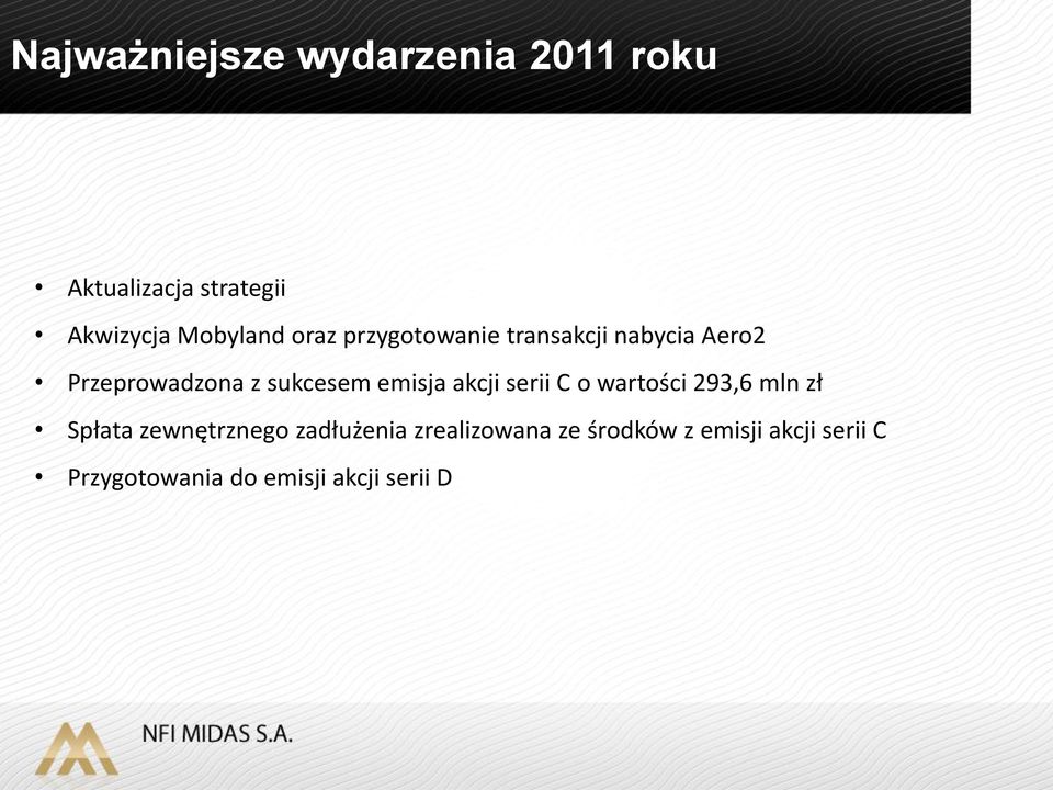 akcji serii C o wartości 293,6 mln zł Spłata zewnętrznego zadłużenia