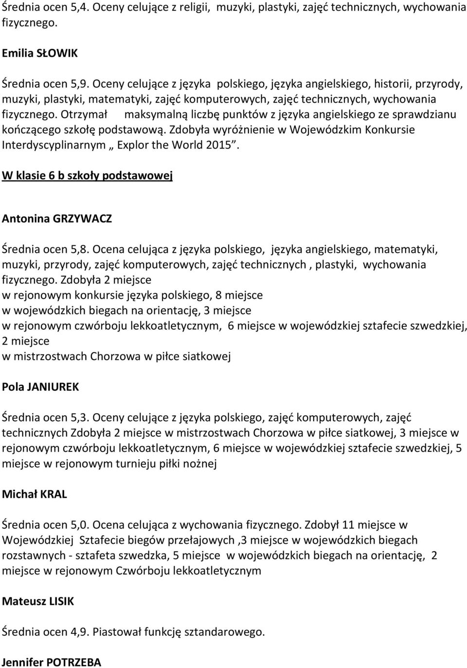 Otrzymał maksymalną liczbę punktów z języka angielskiego ze sprawdzianu kończącego szkołę podstawową. Zdobyła wyróżnienie w Wojewódzkim Konkursie Interdyscyplinarnym Explor the World 2015.